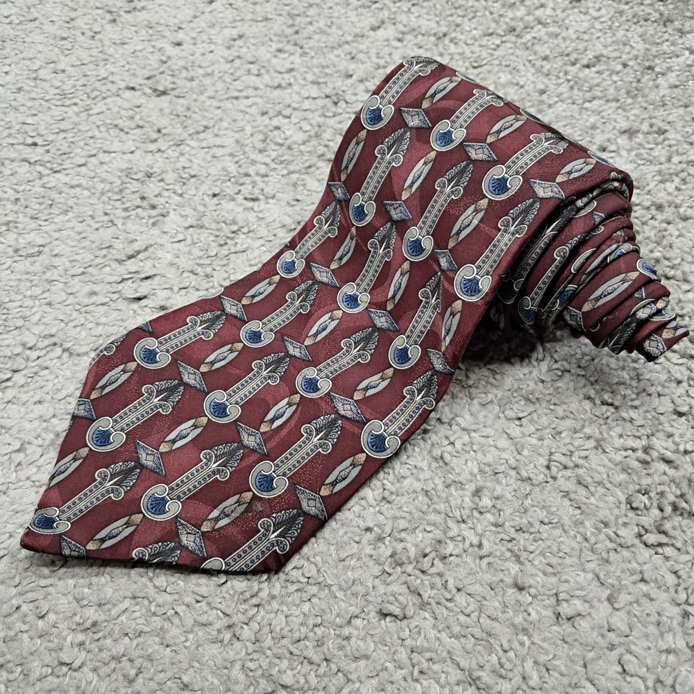 Surrey Mens Silk Necktie Burgundy Blue Geometric Architectural Pattern USA Made‎